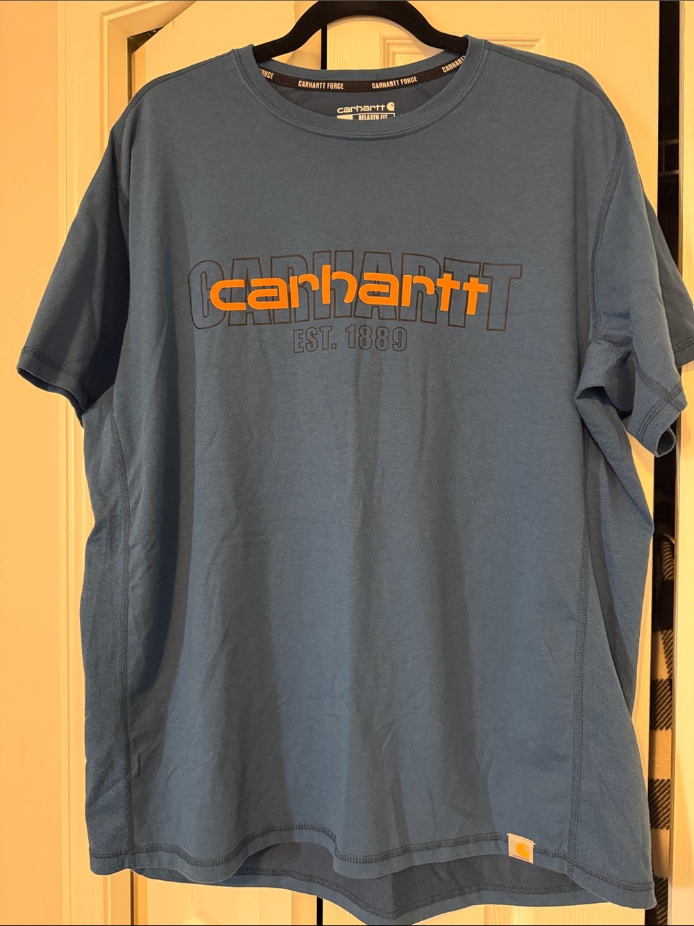 Carhartt Blue Short-Sleeve Logo Tee with Orange Accent